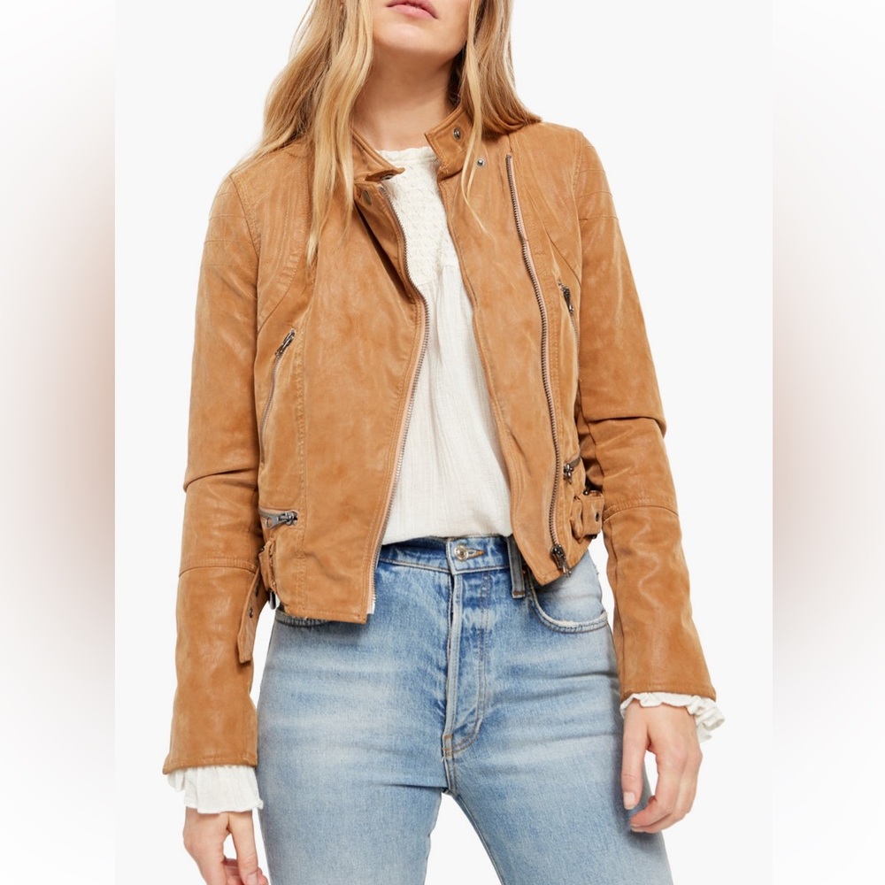 Free People Fenix Faux Leather Moto Jacket Camel Color Size Medium